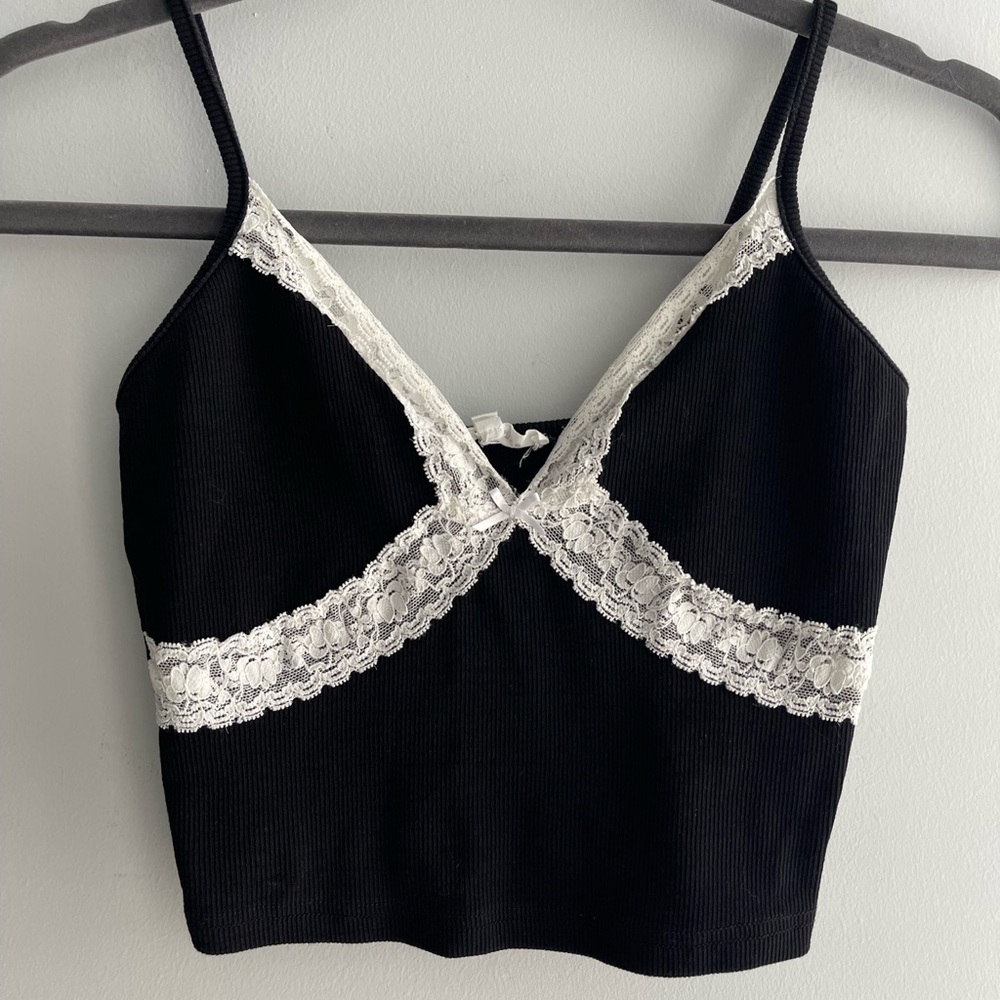 Bear Dance Black and White Lace Trim Crop Top